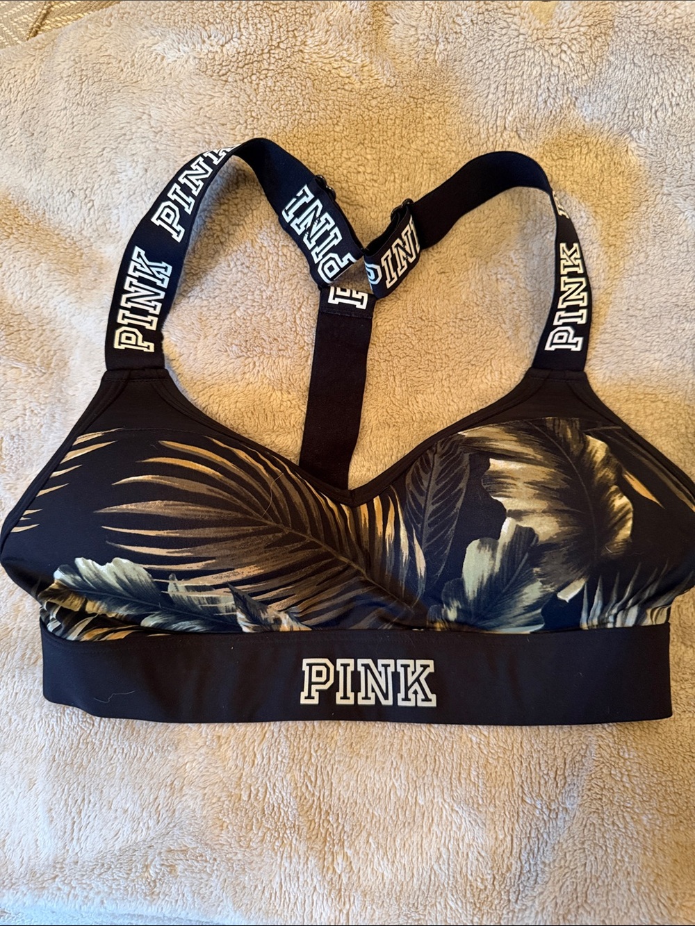 PINK Victoria's Secret Black Tropical Leaf Logo ultimate push up Sports Bra-Med
